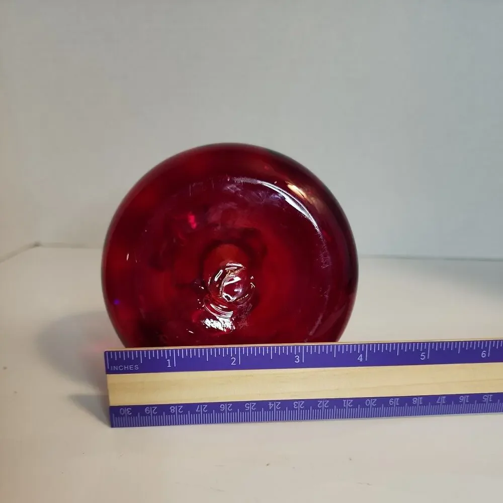 VTG Red Art Glass Optic Creamer Cruet Hand Blown Yellow Trim & Applied Handle